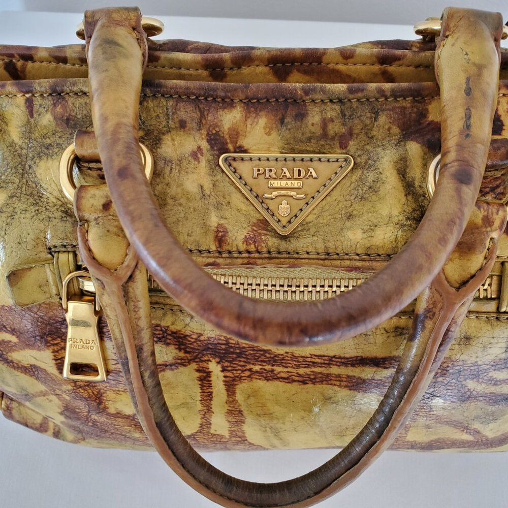 Prada tote top handle bag leather dyed camo brown black beige tan galleria lux - Picture 5 of 16